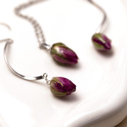 Real rose bud purple flower long dangle hanging earrings silver finish 11.png