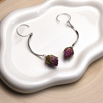 Real rose bud purple flower long dangle hanging earrings silver finish 3.png