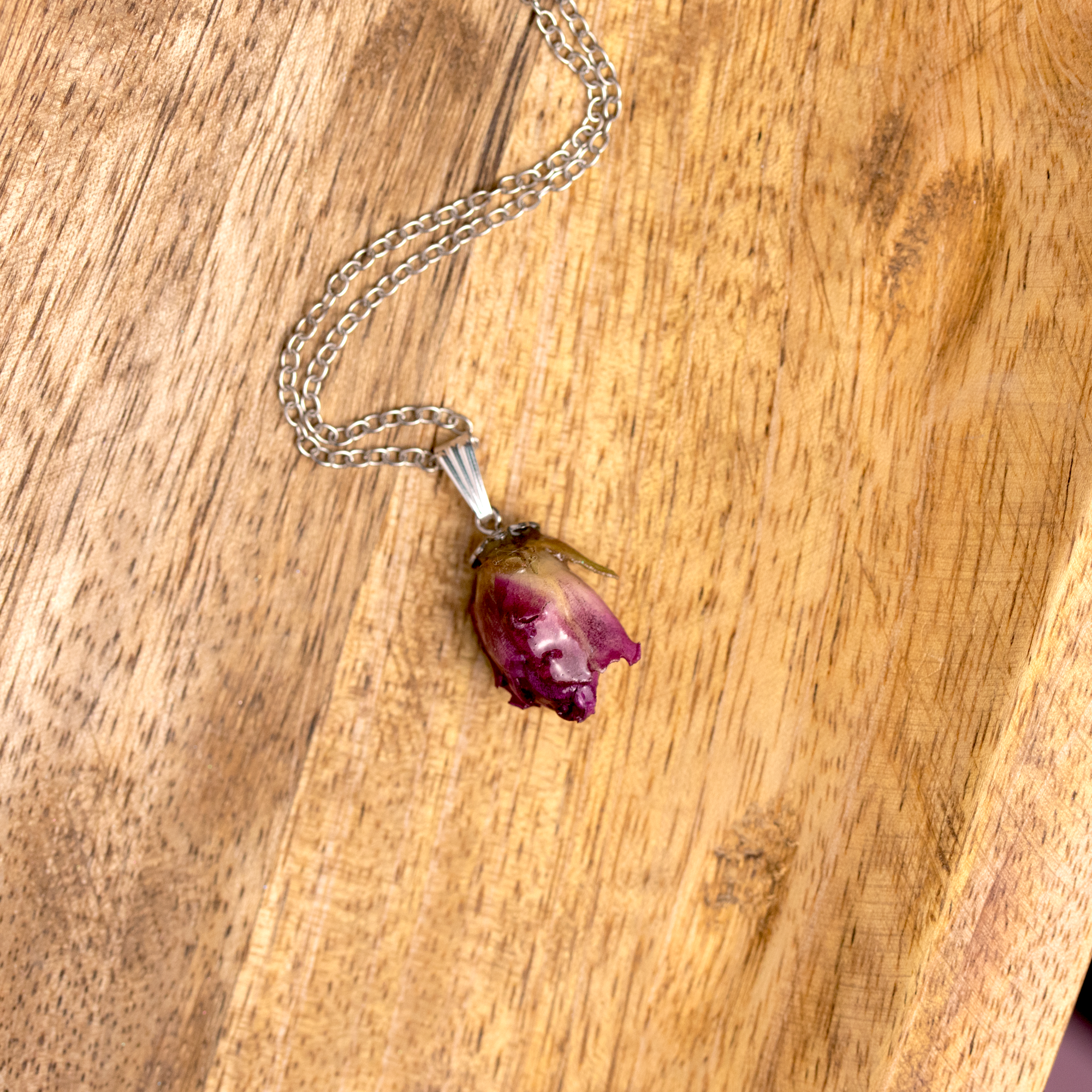 Real rose bud purple flower pendant silver finish 6.png