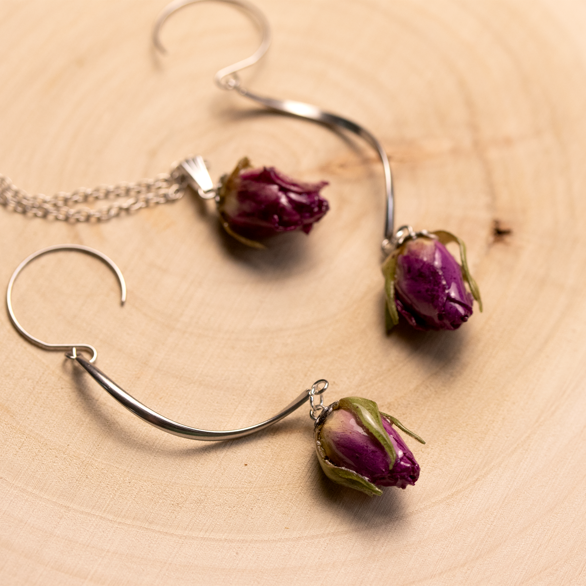 Real rose bud purple flower long dangle hanging earrings silver finish 10.png