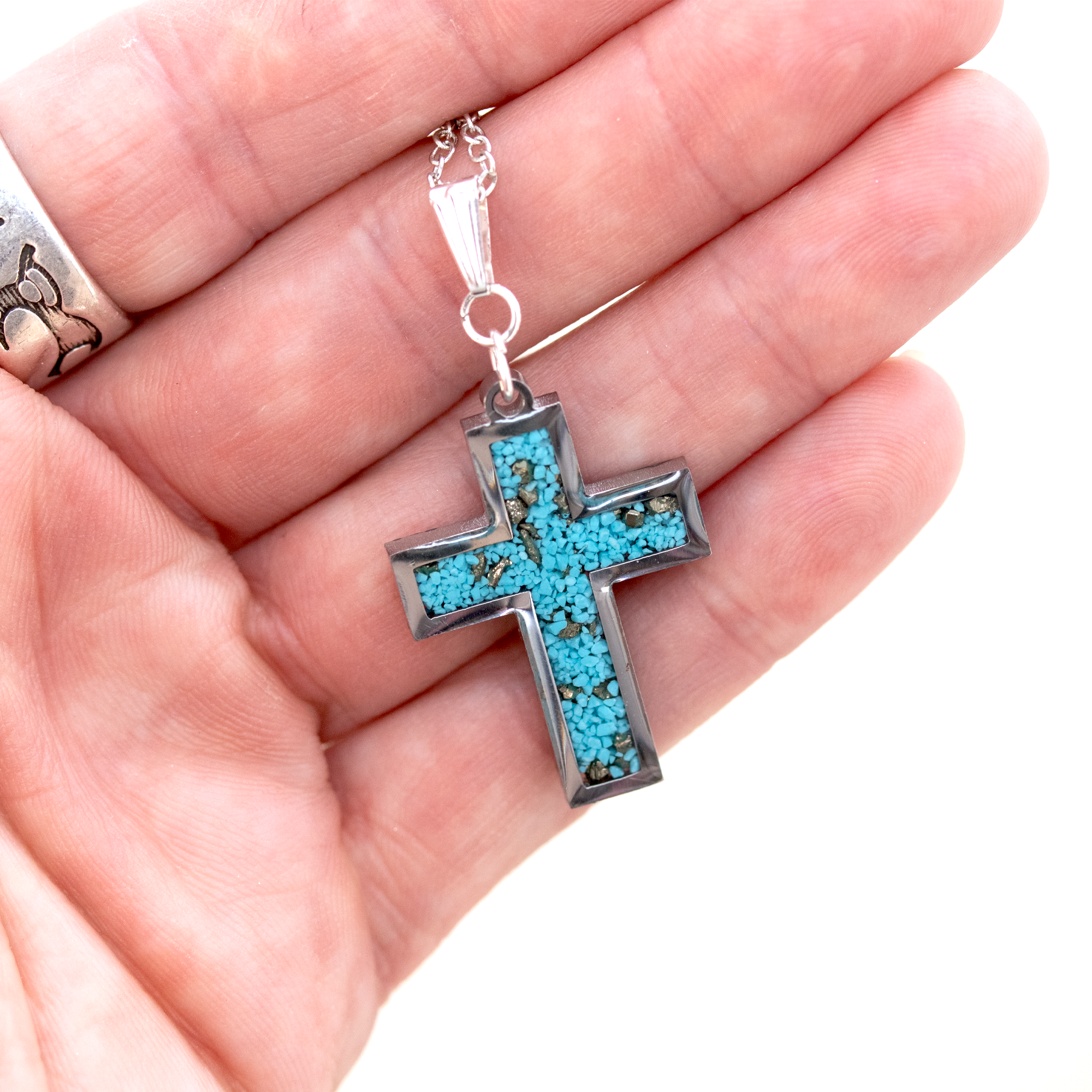 Turqoise and pyrite inlay cross pendant in silver 4.png